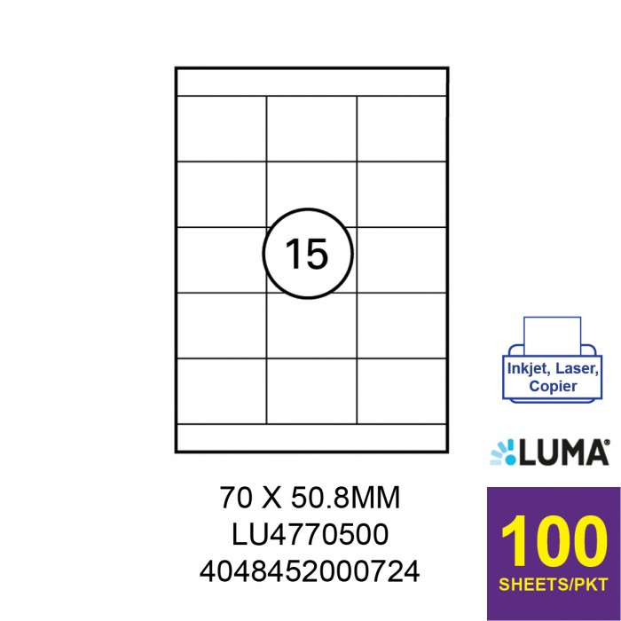 LUMA LU4770500 LABEL FOR INKJET / LASER / COPIER 100 SHEETS/PKT WHITE 70X50.8MM
